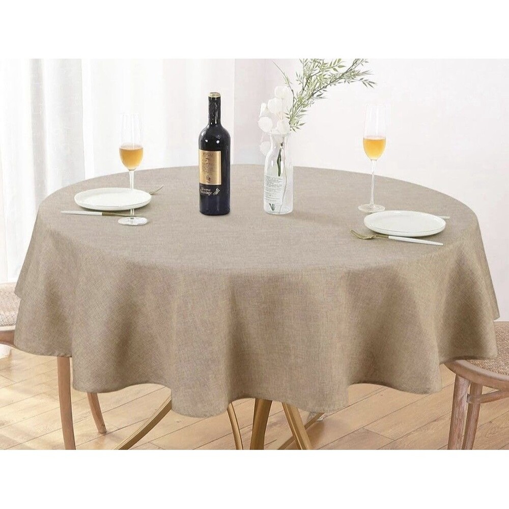 At‎ Home 60” Round Linen Tablecloth In  Khaki Waterproof Fits 48” Table